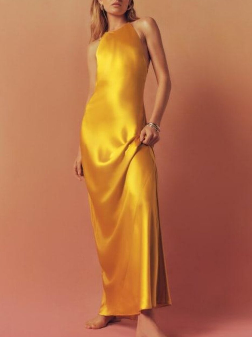 Reformation Jeany Silk Halter Neck Column Maxi Dress Turmeric